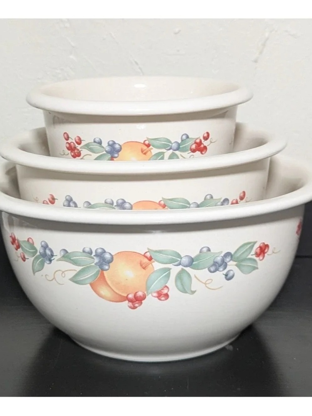 Corelle White Ceramic Nesting Mixing Bowls with Fruit Motif